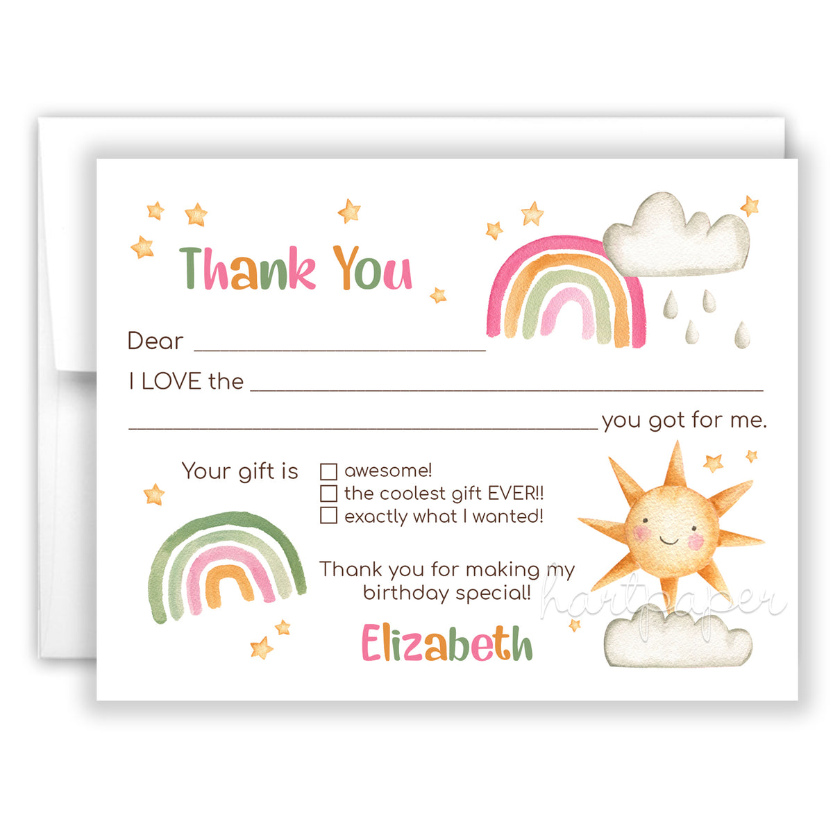 Rainbow Thank You Note Card Personalized Custom Stationery • Fill in Blank, Lined or Blank Cards