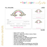 Rainbow Thank You Note Card Stationery • Fill in Blank, Lined or Blank Cards