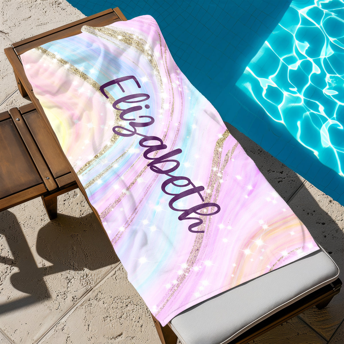Rainbow Marble Personalized Beach Towel • Custom 30x60 Swimming Swim Bath Bathroom Pool