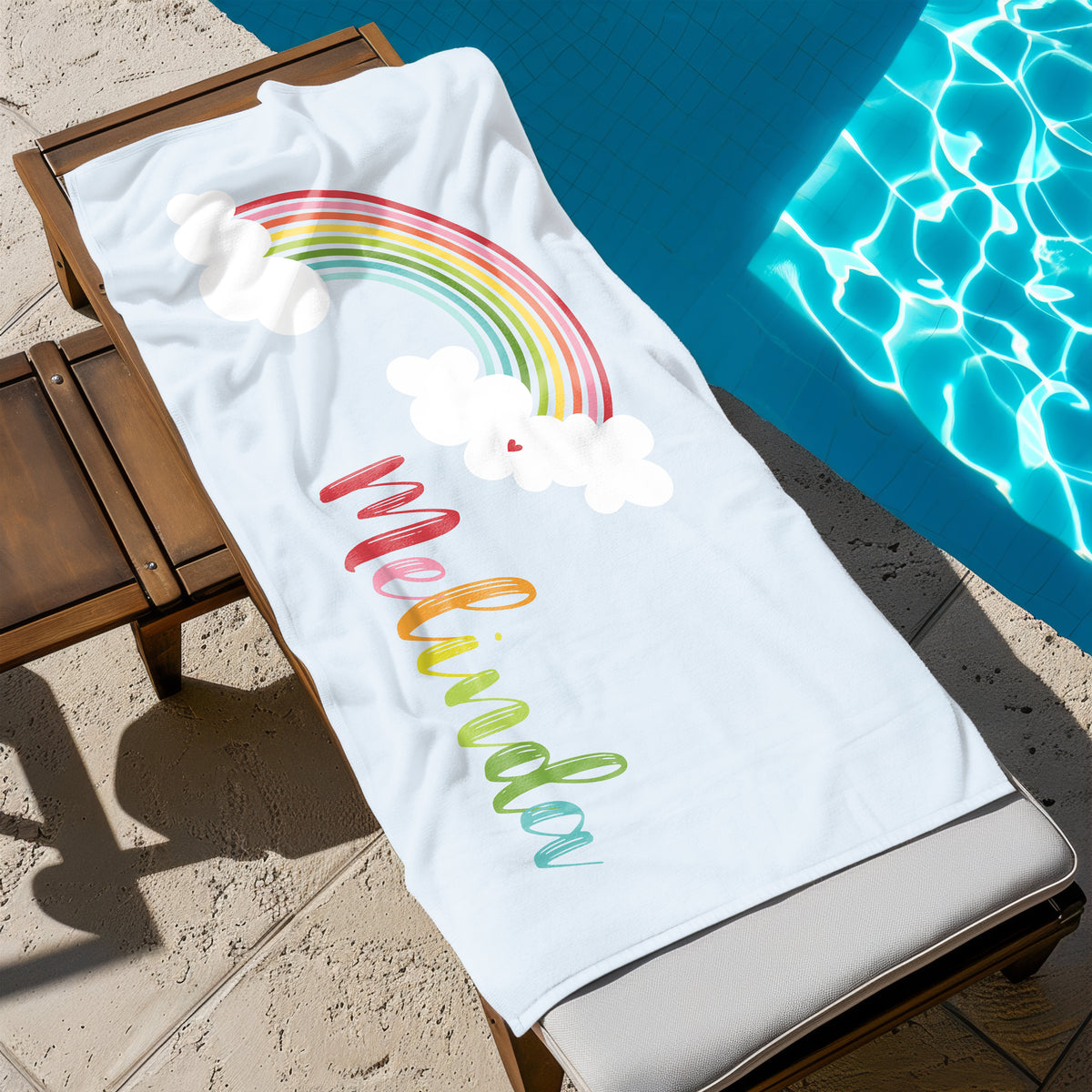 Rainbow Clouds Personalized Beach Towel • Custom 30x60 Swimming Swim Bath Bathroom Pool