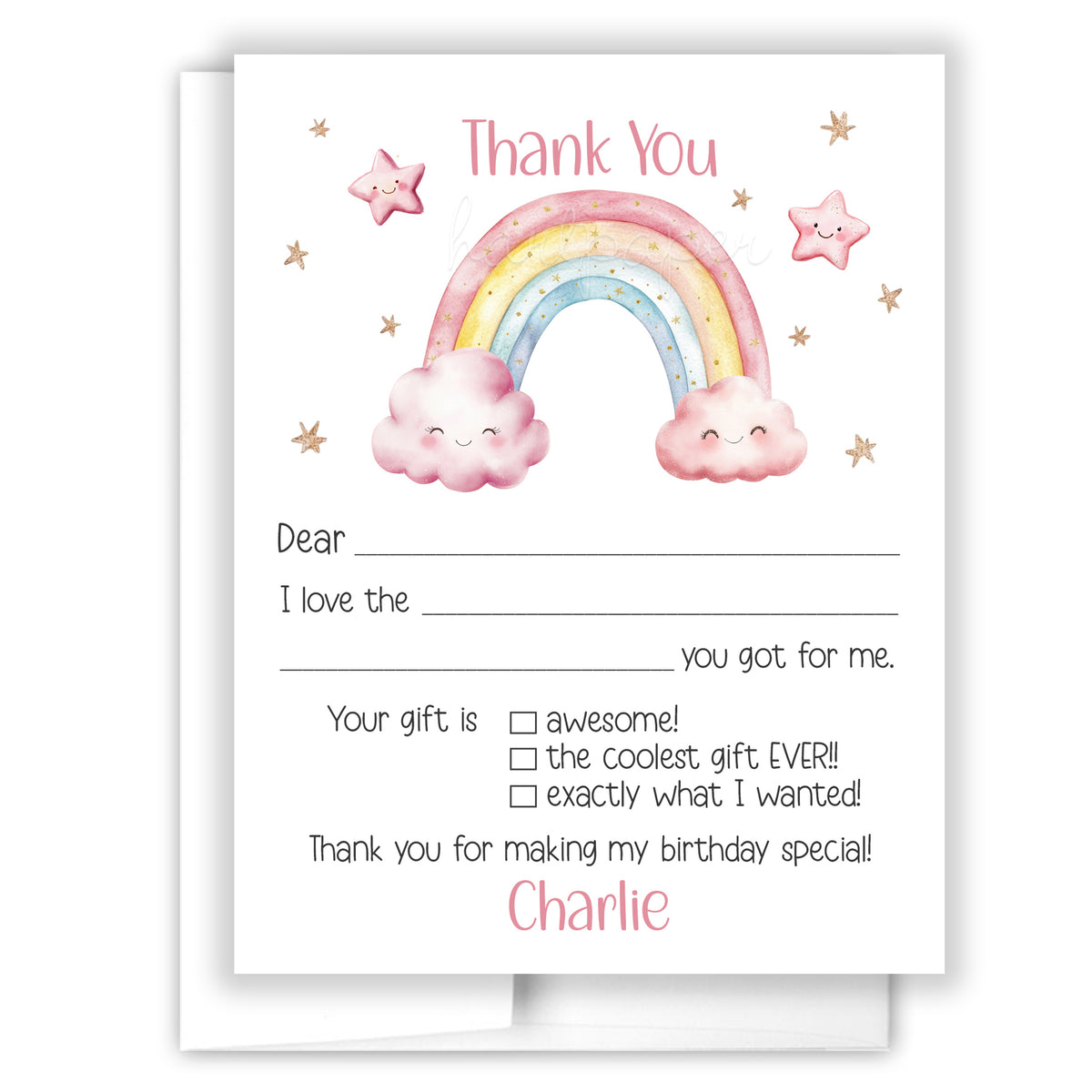 Rainbow Thank You Note Card Personalized Custom Stationery • Fill in Blank, Lined or Blank Cards