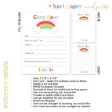 Rainbow Camp News Summer Camping Note Cards Stationery • Fill in Blank, Lined or Blank Cards