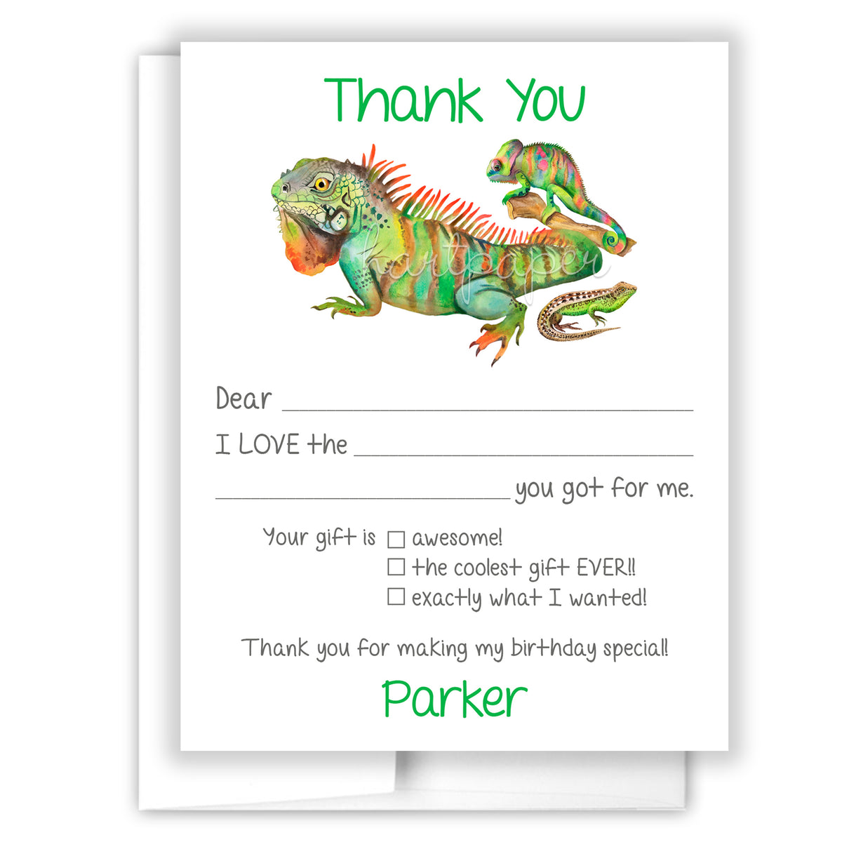 Reptile Thank You Note Card Personalized Custom Stationery • Fill in Blank, Lined or Blank Cards