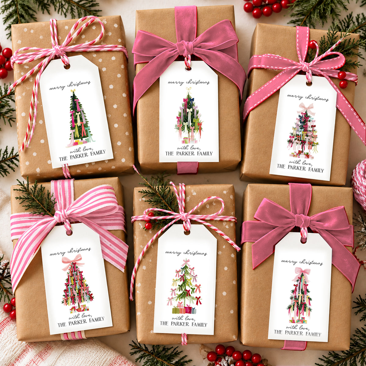 Whimsical Christmas Tree Coquette Bow Bows Personalized Gift Tags • Christmas Holiday Gift Wrapping • Custom Family Name Tag • Gifts