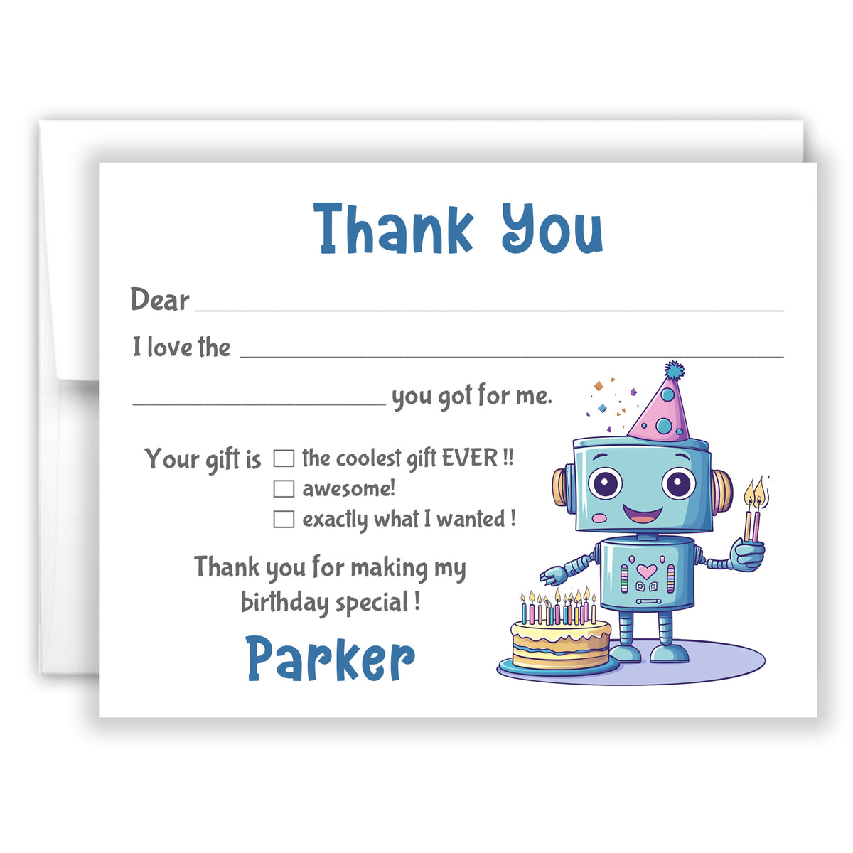 Robot Thank You Note Card Personalized Custom Stationery • Fill in Blank, Lined or Blank Cards