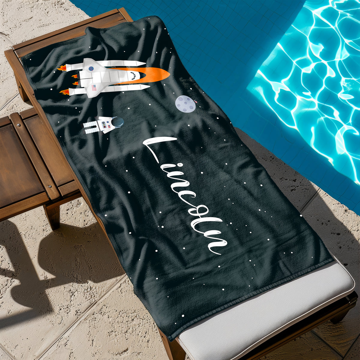 Rocket Ship Personalized Beach Towel • Custom 30x60 Swimming Swim Bath Bathroom Pool