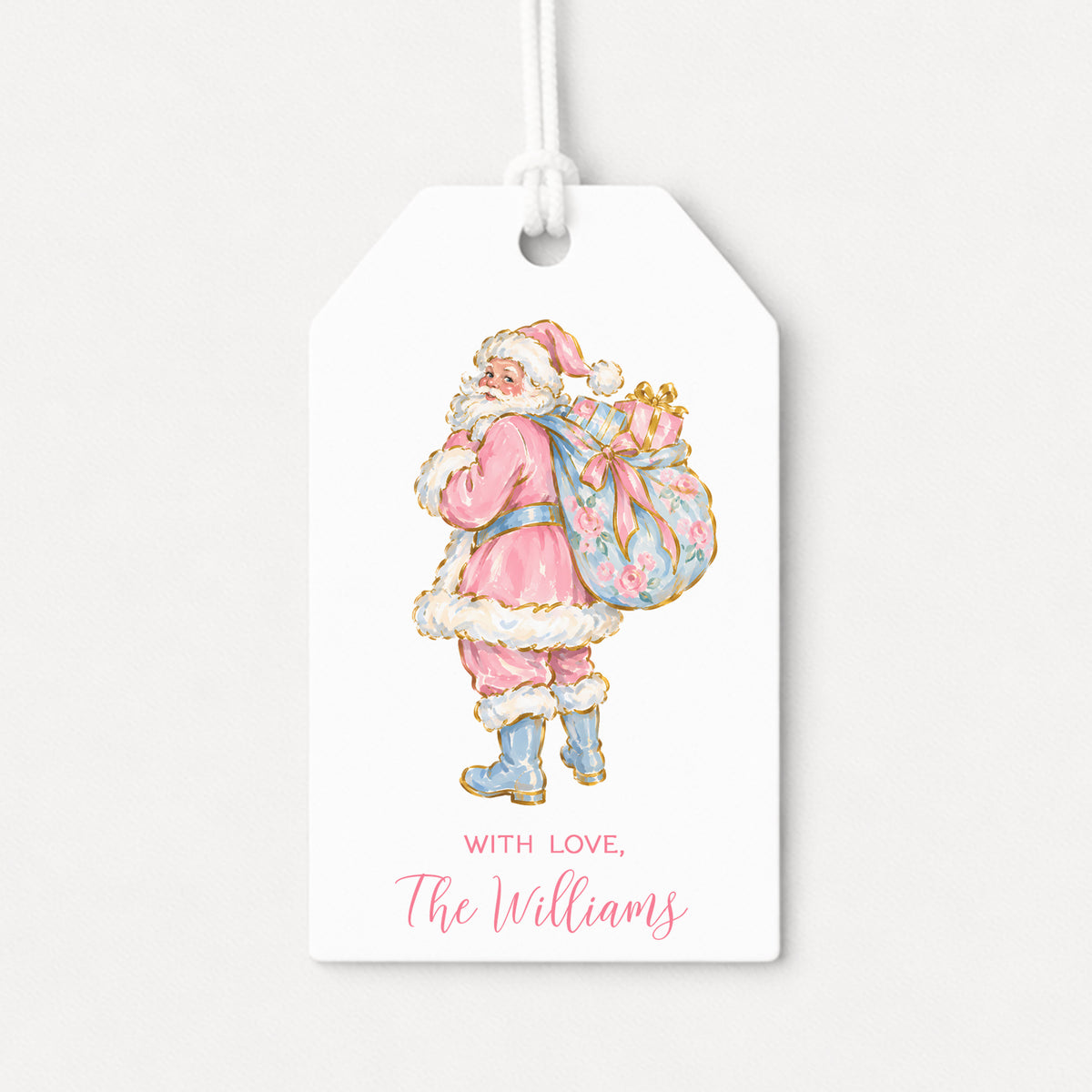 Pink Santa Claus Coquette Bow Bows Personalized Gift Tags • Christmas Holiday Gift Wrapping • Custom Family Name Tag • Gifts Whimsical