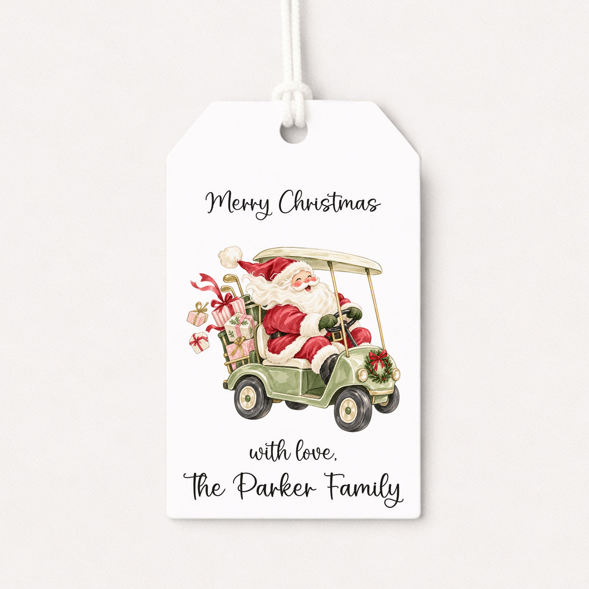 Golf Cart Santa Claus Personalized Gift Tags • Christmas Holiday Gift Wrapping • Custom Family Name Tag • Gifts Whimsical