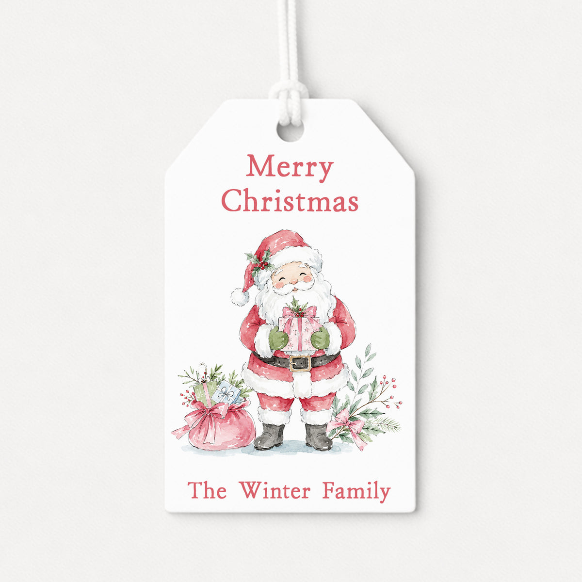 Santa Claus Pink Personalized Gift Tags • Christmas Holiday Gift Wrapping • Custom Family Name Tag • Gifts Whimsical
