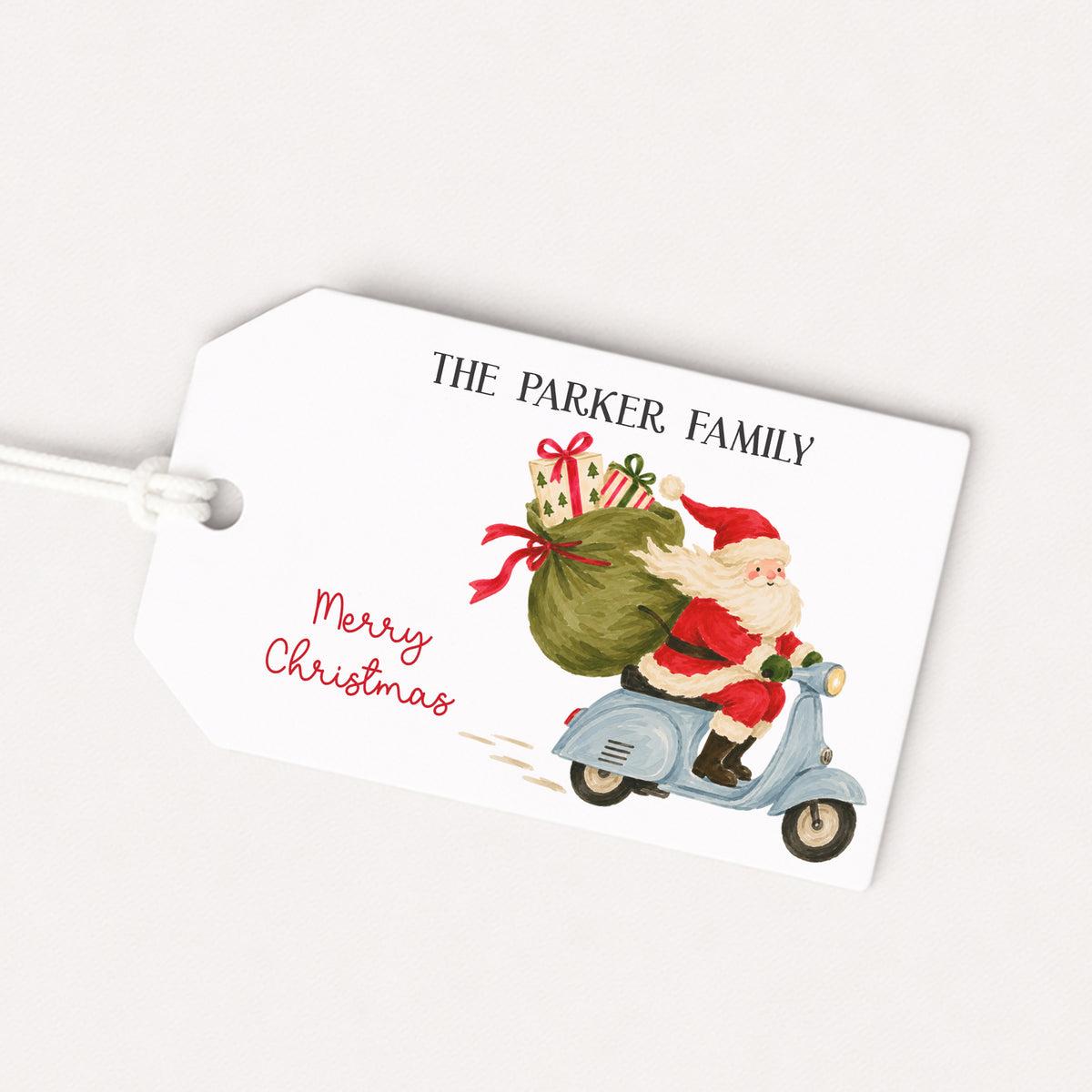Santa Claus Scooter Personalized Gift Tags • Christmas Holiday Gift Wrapping • Custom Family Name Tag • Gifts Whimsical