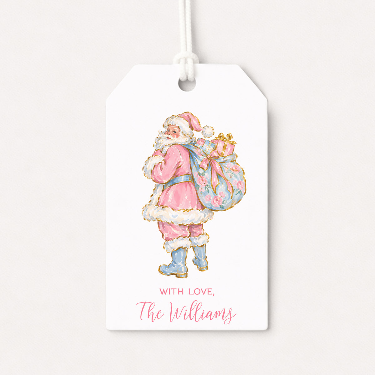 Pink Santa Claus Coquette Bow Bows Personalized Gift Tags • Christmas Holiday Gift Wrapping • Custom Family Name Tag • Gifts Whimsical