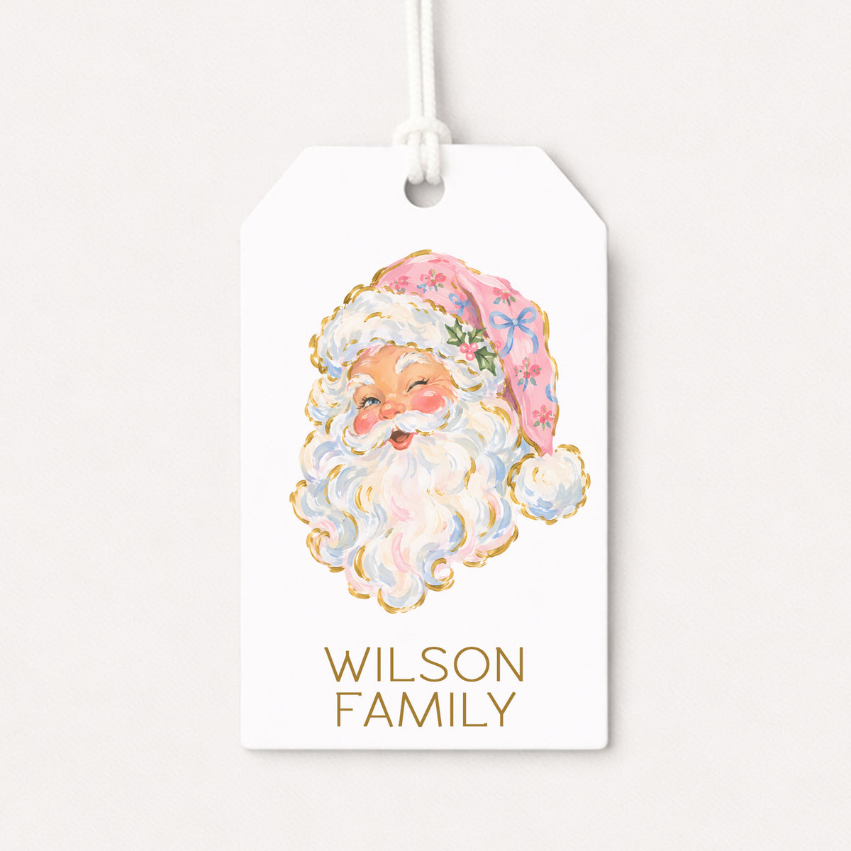 Santa Claus Pink Personalized Gift Tags • Christmas Holiday Gift Wrapping • Custom Family Name Tag • Gifts Whimsical