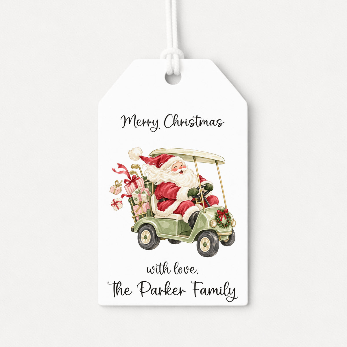 Golf Cart Santa Claus Personalized Gift Tags • Christmas Holiday Gift Wrapping • Custom Family Name Tag • Gifts Whimsical