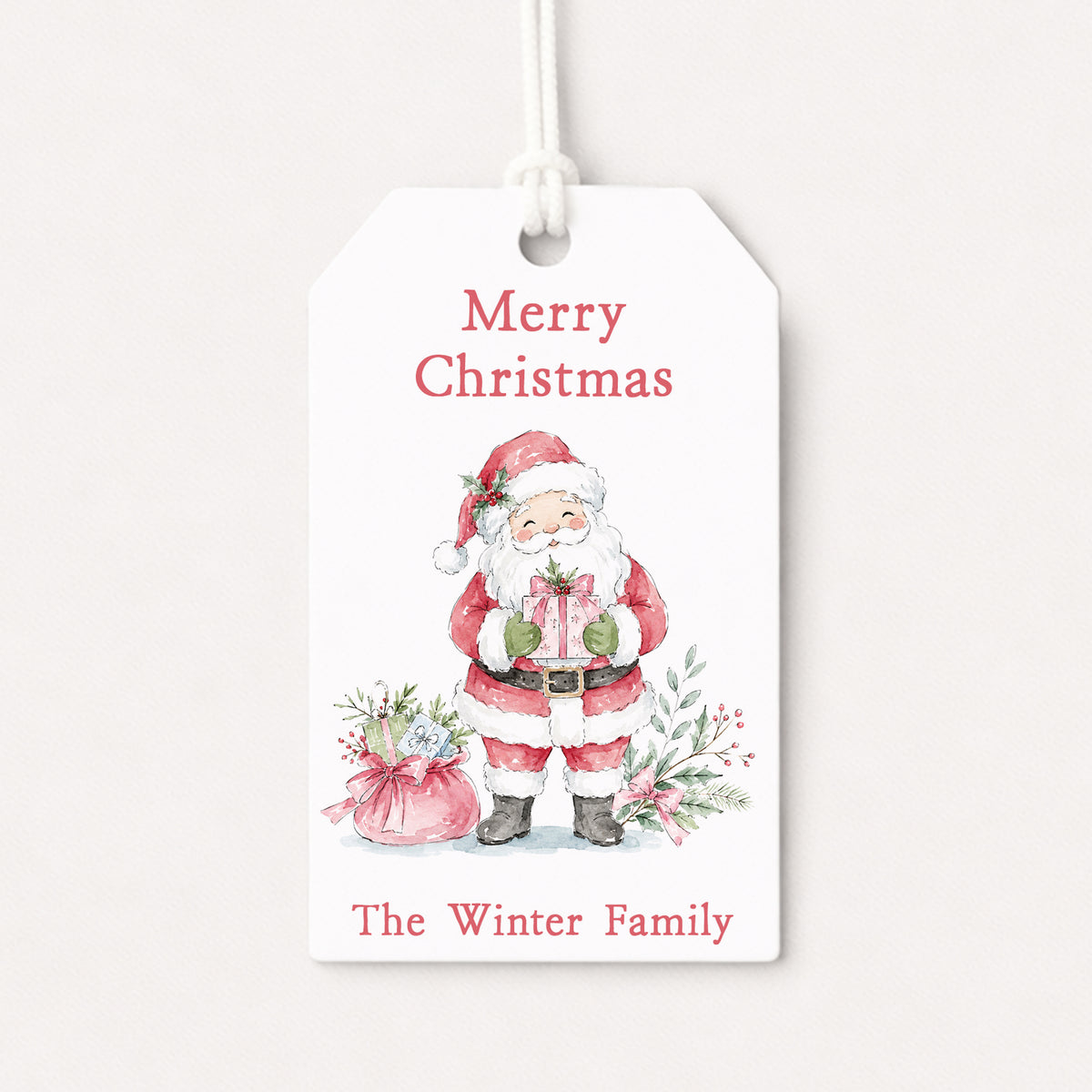 Santa Claus Pink Personalized Gift Tags • Christmas Holiday Gift Wrapping • Custom Family Name Tag • Gifts Whimsical