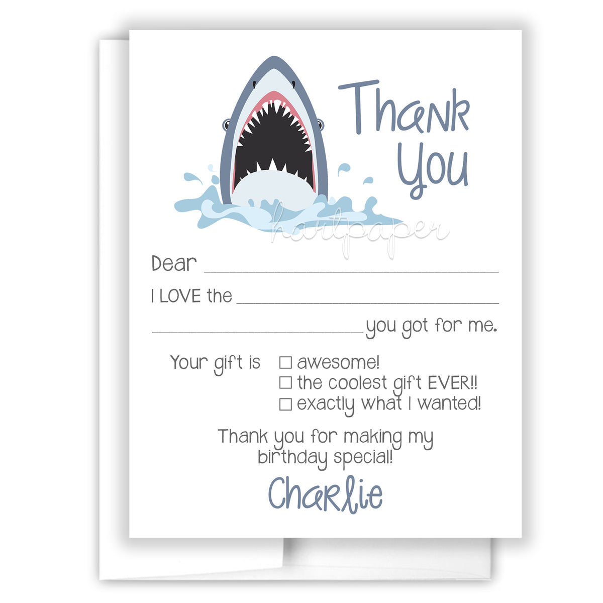 Shark Thank You Note Card Personalized Custom Stationery • Fill in Blank, Lined or Blank Cards