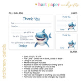 Shark Thank You Note Card Stationery • Fill in Blank, Lined or Blank Cards