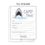Shark Summer Camp Camping Note Cards Stationery • Fill in Blank, Lined or Blank Cards