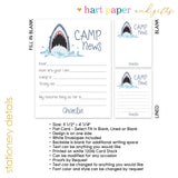Shark Summer Camp Camping Note Cards Stationery • Fill in Blank, Lined or Blank Cards