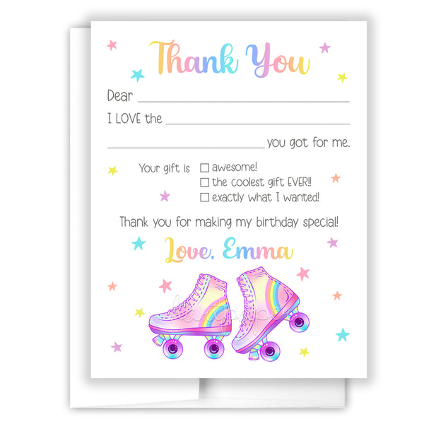 Roller Skate Thank You Note Card Stationery • Fill in Blank, Lined or Blank Cards