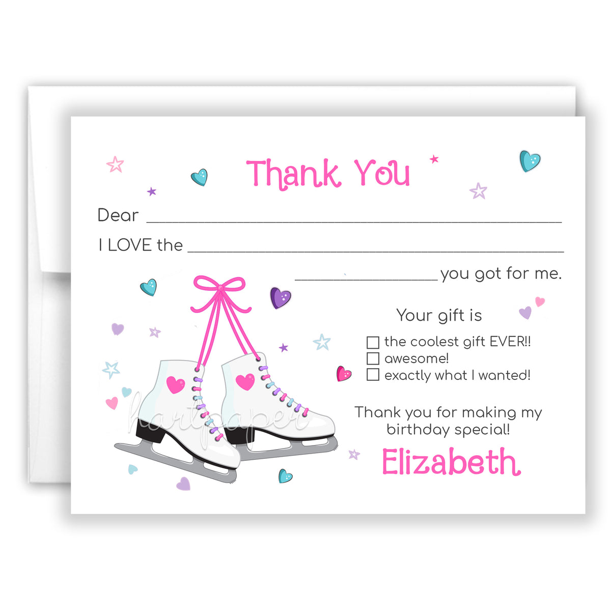 Ice Skate Thank You Note Card Personalized Custom Stationery • Fill in Blank, Lined or Blank Cards