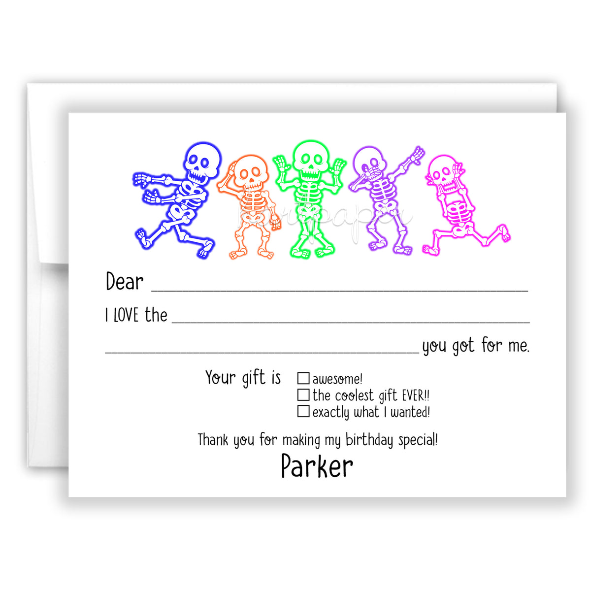 Halloween Skeleton Thank You Note Card Personalized Custom Stationery • Fill in Blank, Lined or Blank Cards
