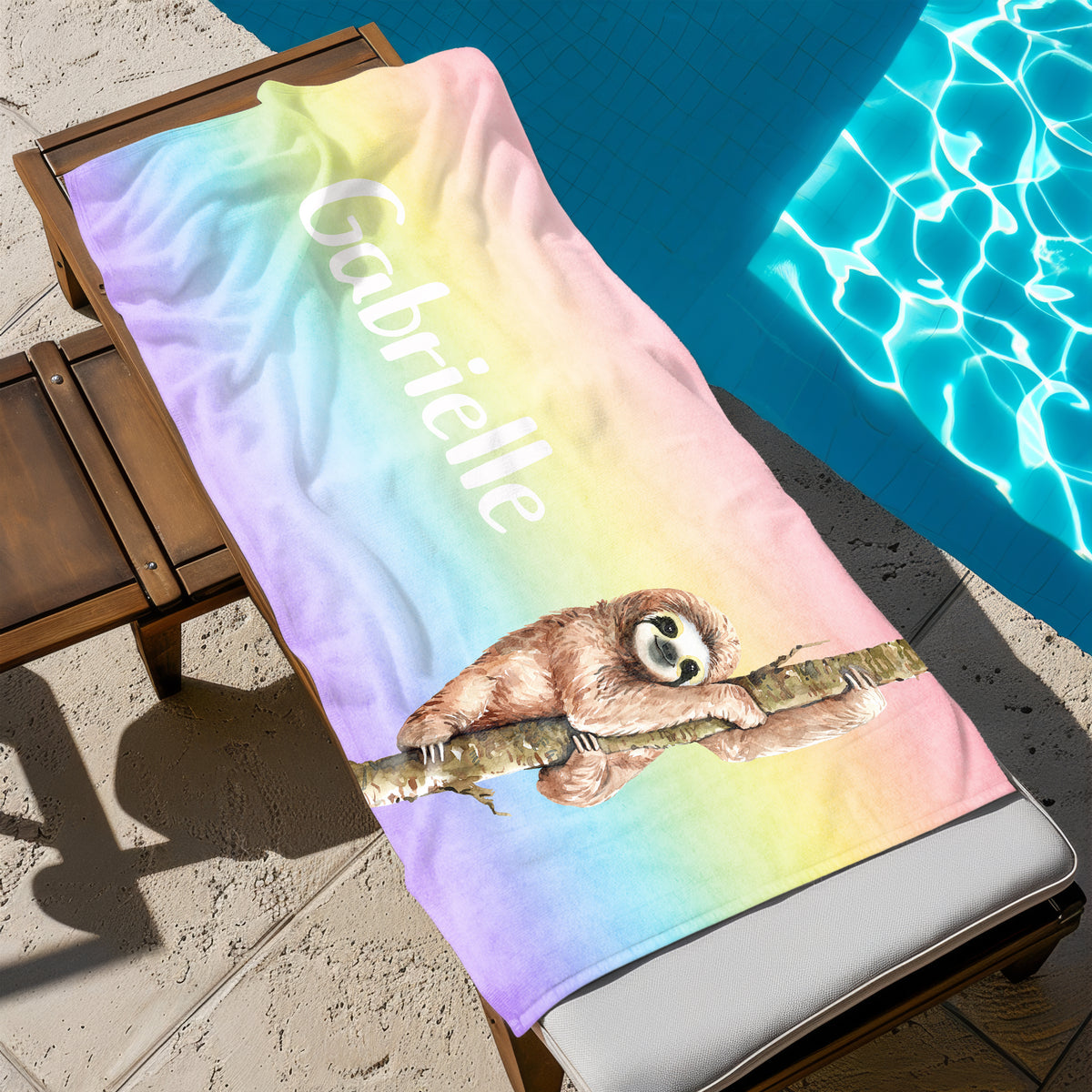Rainbow Sloth Personalized Beach Towel • Custom 30x60 Swimming Swim Bath Bathroom Pool
