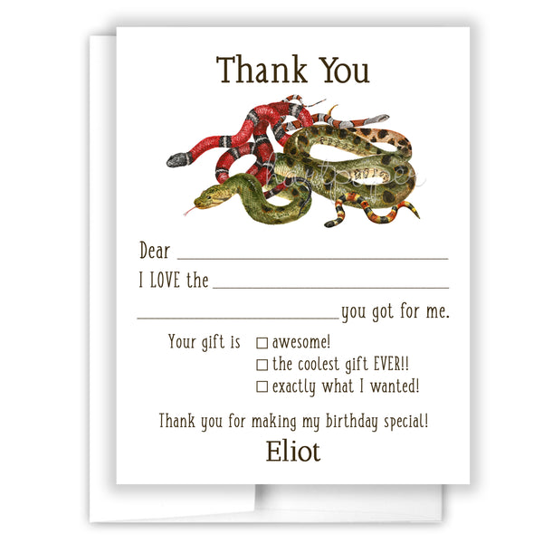 Snake Thank You Note Card Stationery • Fill in Blank, Lined or Blank Cards