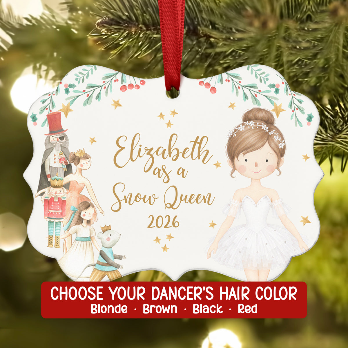 Snow Queen Fairy Baby Snowflake Nutcracker Christmas Ornament Personalized Custom Holiday Decor Gift Girl Ballerina Ballet Watercolor