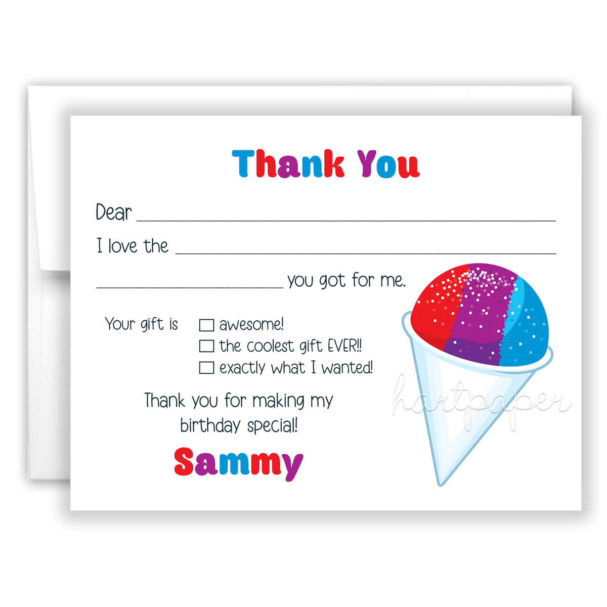 Rainbow Sno Cone Thank You Note Card Personalized Custom Stationery • Fill in Blank, Lined or Blank Cards