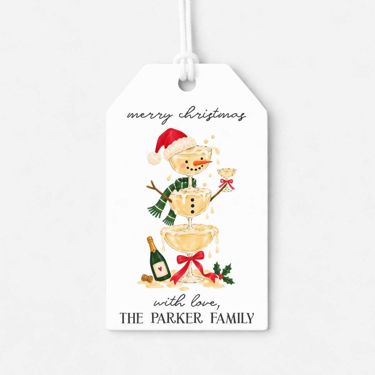 Whimsical Snowman Champagne Personalized Gift Tags • Christmas Holiday Gift Wrapping • Custom Family Name Tag • Gifts Alcohol Drink Party