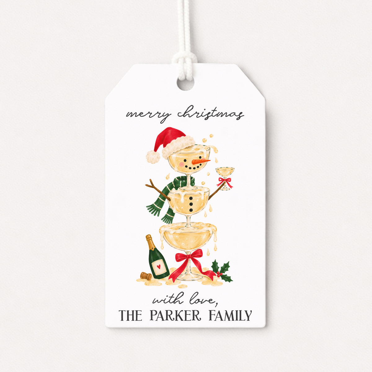 Whimsical Snowman Champagne Personalized Gift Tags • Christmas Holiday Gift Wrapping • Custom Family Name Tag • Gifts Alcohol Drink Party