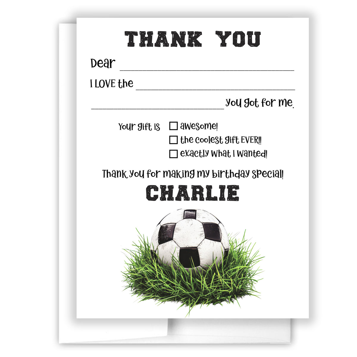 Soccer Ball Thank You Note Card Personalized Custom Stationery • Fill in Blank, Lined or Blank Cards