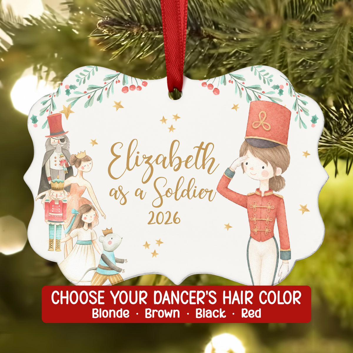 Soldier Nutcracker Christmas Ornament Personalized Custom Holiday Decor Gift Girl Ballerina Ballet Watercolor