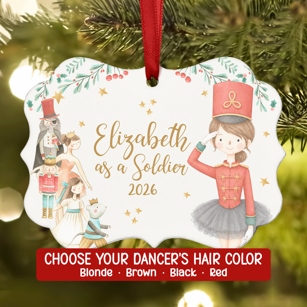 Soldier Nutcracker Christmas Ornament Personalized Custom Holiday Decor Gift Girl Ballerina Ballet Watercolor