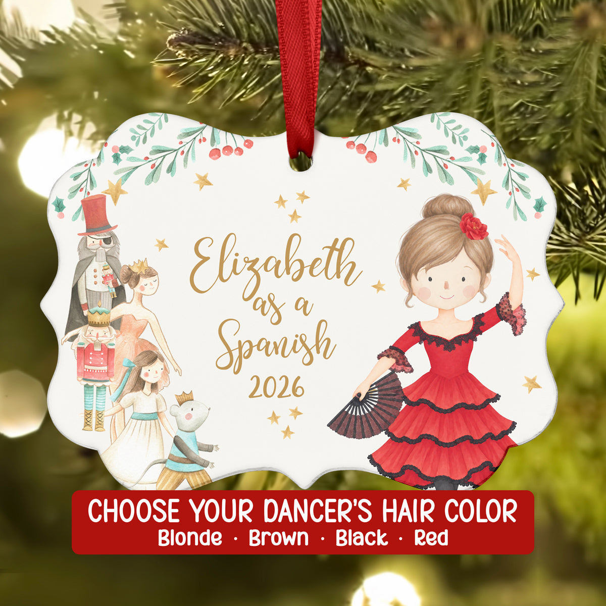 Spanish Nutcracker Christmas Ornament Personalized Custom Holiday Decor Gift Girl Ballerina Ballet Watercolor