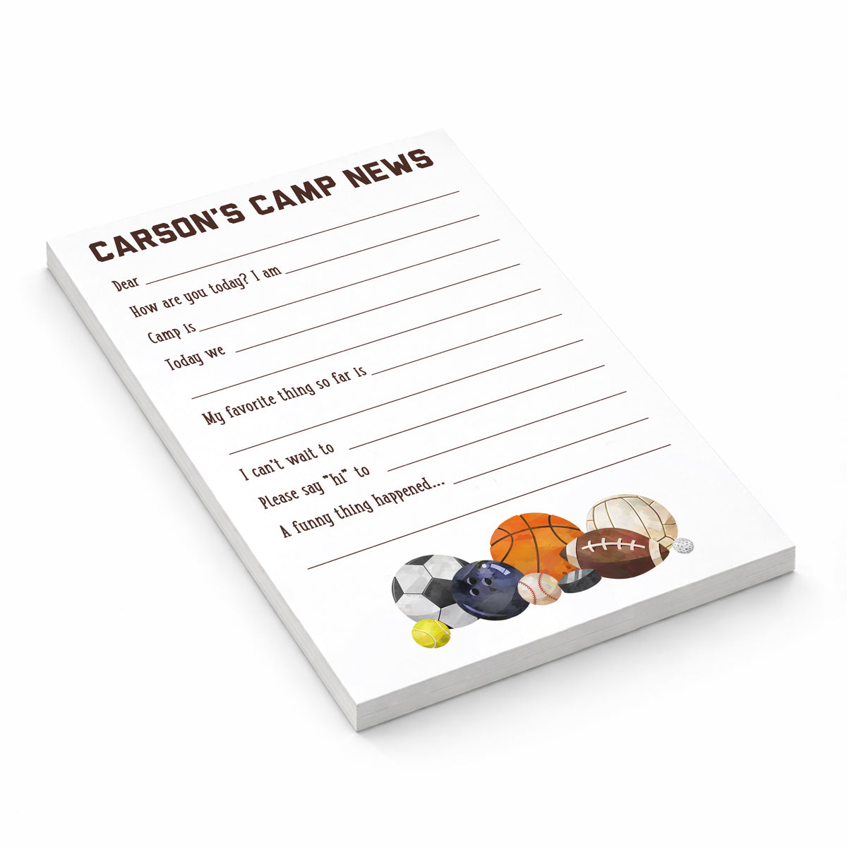 Sports Balls Camp News Notepad Personalized Camping Summer Scout Note Stationery Custom • Fill in Blank, Lined or Blank • Care Package Gift Girl Boy Soccer Basketball Football Golf