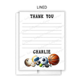Sports Thank You Note Card Stationery • Fill in Blank, Lined or Blank Cards