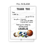 Sports Thank You Note Card Stationery • Fill in Blank, Lined or Blank Cards