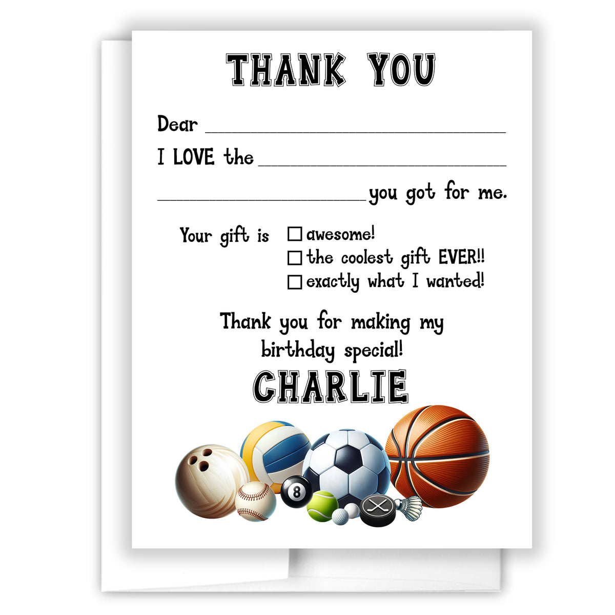 Sports Thank You Note Card Personalized Custom Stationery • Fill in Blank, Lined or Blank Cards