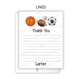 Sports Balls Thank You Note Card Stationery • Fill in Blank, Lined or Blank Cards