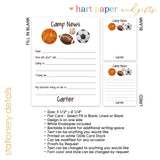 Sports Summer Camp Camping Note Cards Stationery • Fill in Blank, Lined or Blank Cards
