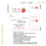 Strawberry Thank You Note Card Stationery • Fill in Blank, Lined or Blank Cards