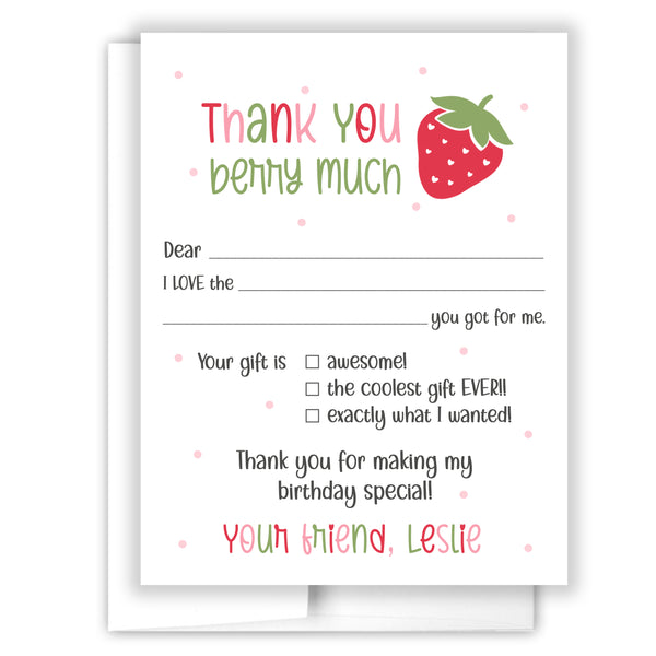 Strawberry Thank You Note Card Stationery • Fill in Blank, Lined or Blank Cards