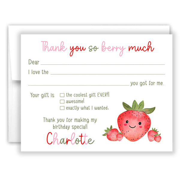 Strawberry Thank You Note Card Stationery • Fill in Blank, Lined or Blank Cards