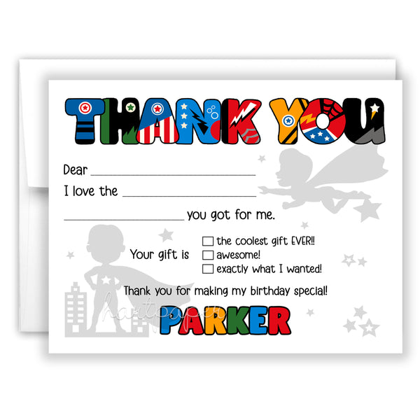 Superhero Thank You Note Card Stationery • Fill in Blank, Lined or Blank Cards