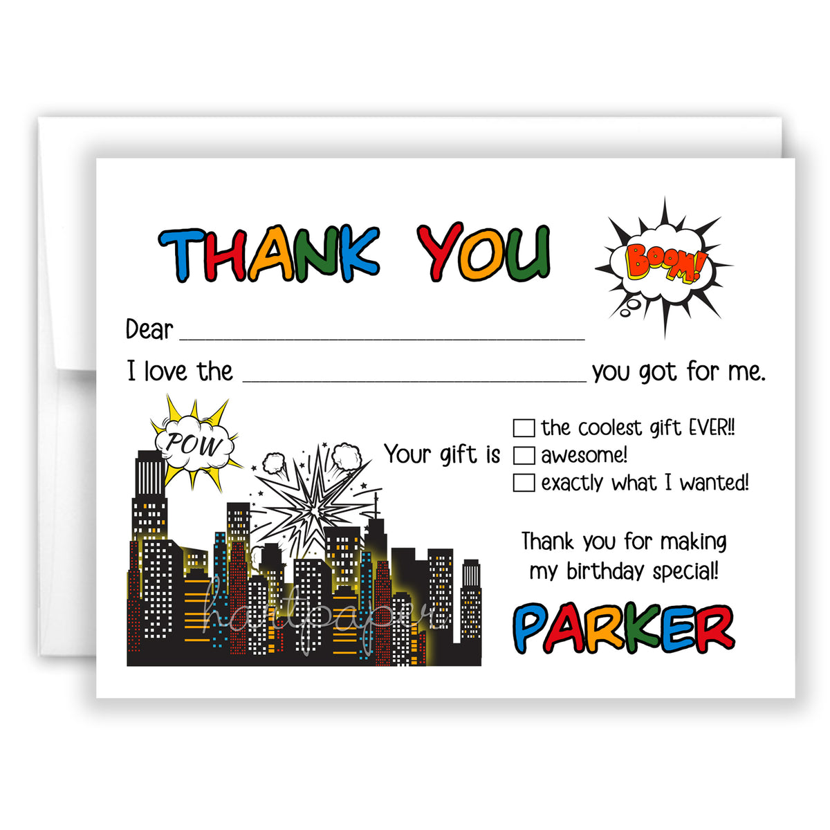 Superhero Thank You Note Card Personalized Custom Stationery • Fill in Blank, Lined or Blank Cards