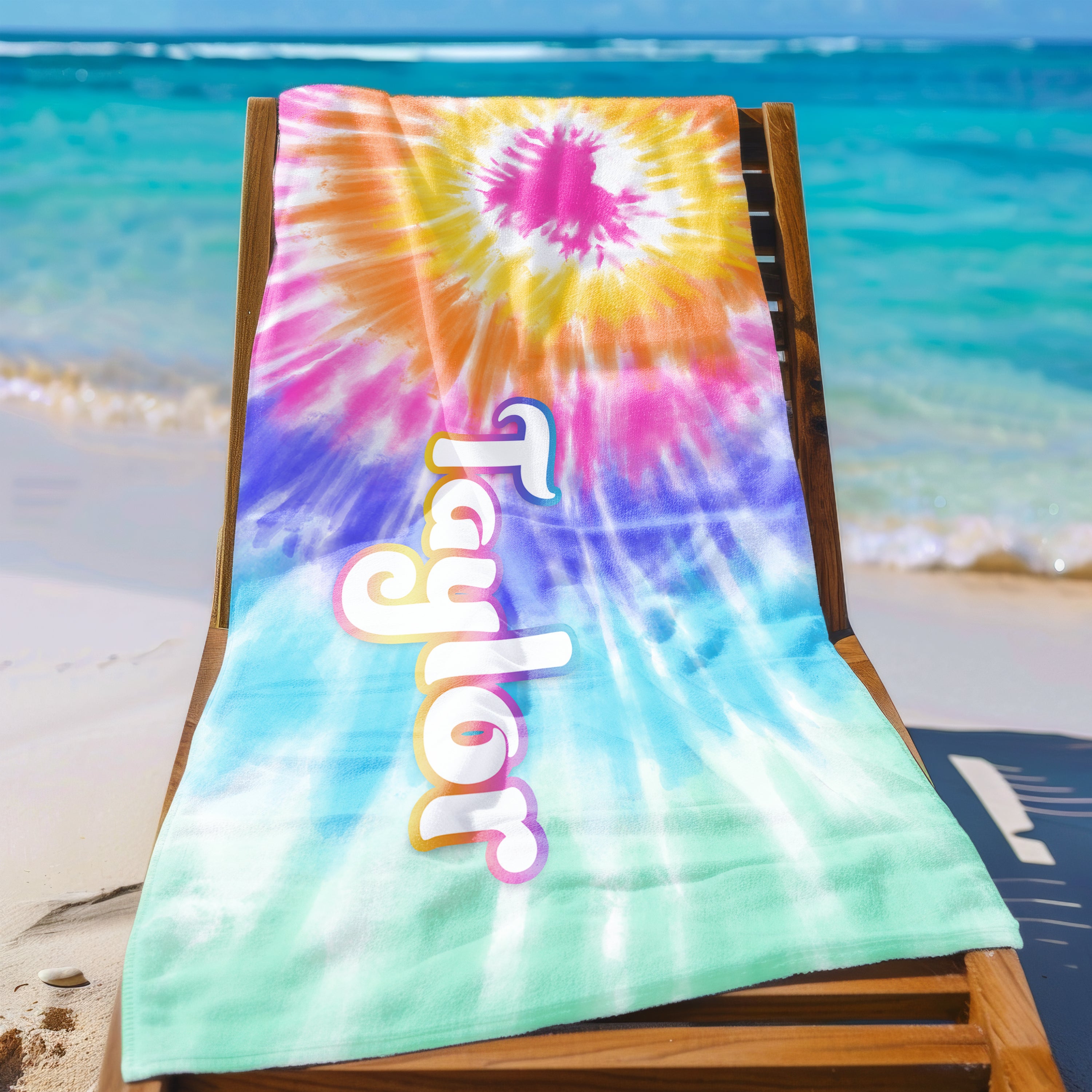 Rainbow Tie Dye Heart Personalized Beach Towel • Custom 30x60