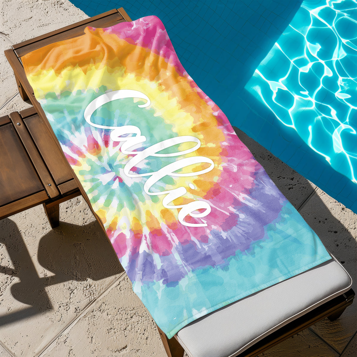 Rainbow Tie Dye Personalized Beach Towel • Custom 30x60 Camping Camp Swimming Swim Bath Bathroom Pool