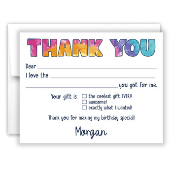 Rainbow Tie Dye Thank You Note Card Stationery • Fill in Blank, Lined or Blank Cards