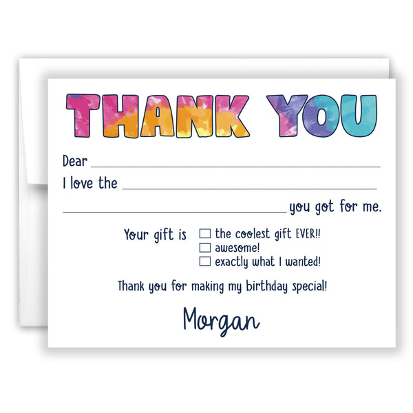 Rainbow Tie Dye Thank You Note Card Stationery • Fill in Blank, Lined or Blank Cards
